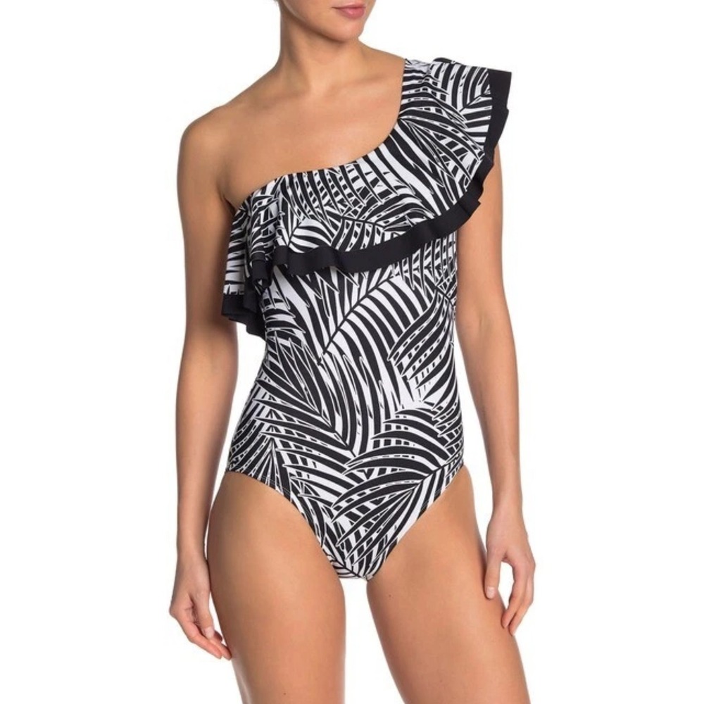 Tommy Bahama Tropical Palm Leaf Ruffle‎ One Shoulder One Piece Swimsuit Size 8